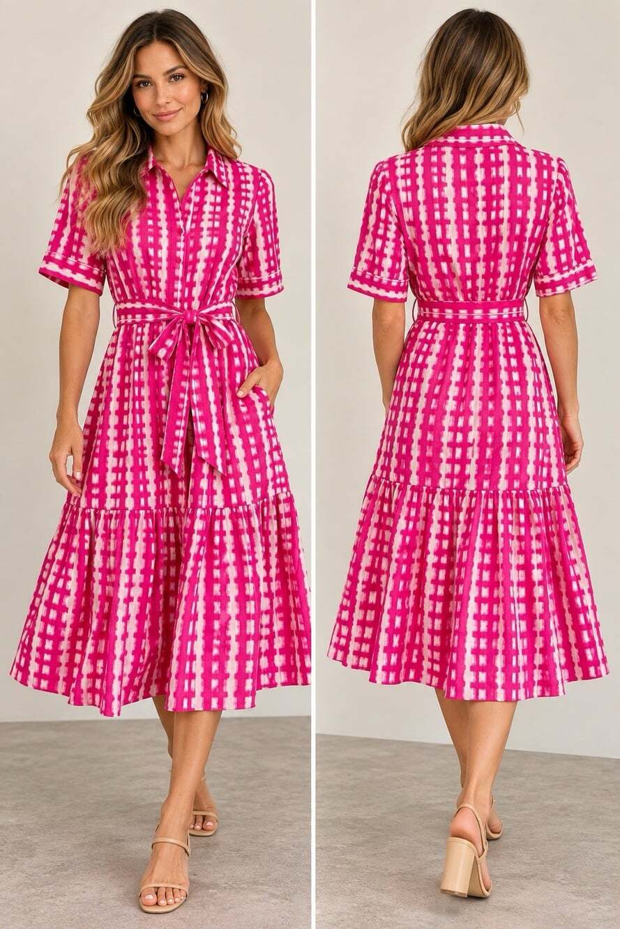 Calvin Klein Pink White Print Belted Midi Shirt Dress Size 8 NWT